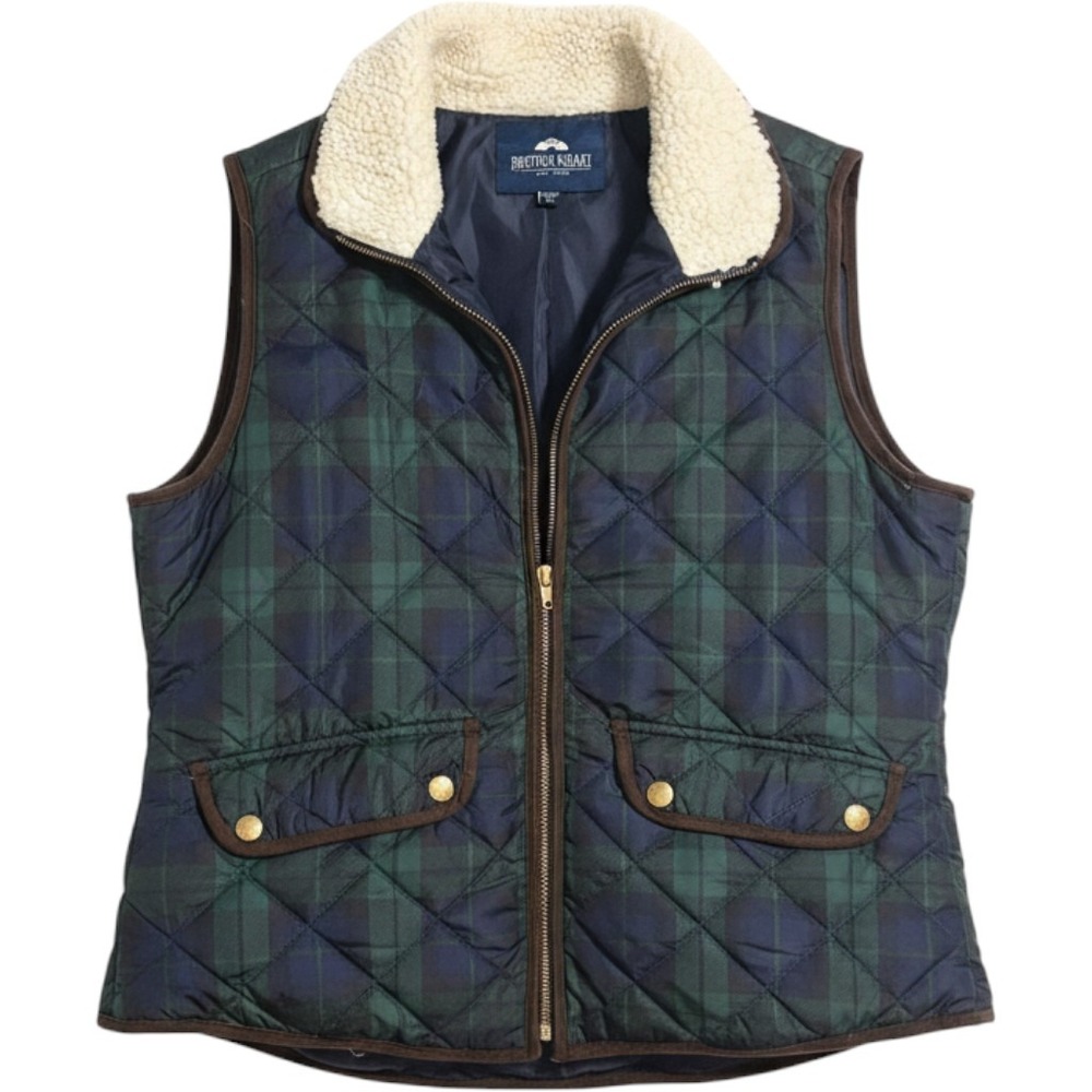 British Khaki Black Watch Plaid Quilted Vest Faux Shearling Collar Navy Green S